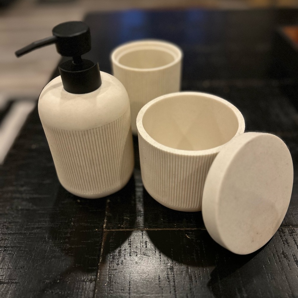 Modern Soap Pump, Toothbrush Holder, and Jar with lid